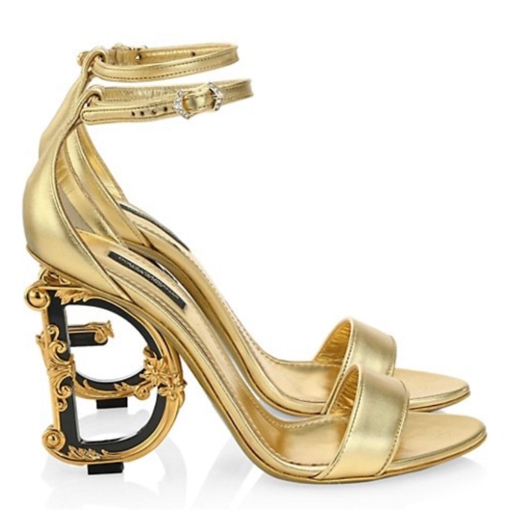 Dolce & Gabbana Gold Metallic Ankle-Strap Sandals with Decorative Logo Heel
